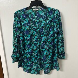 Liz Claiborne Navy/Teal/Black Women's Relaxed Fit Button Down Roll Tab Blouse XS